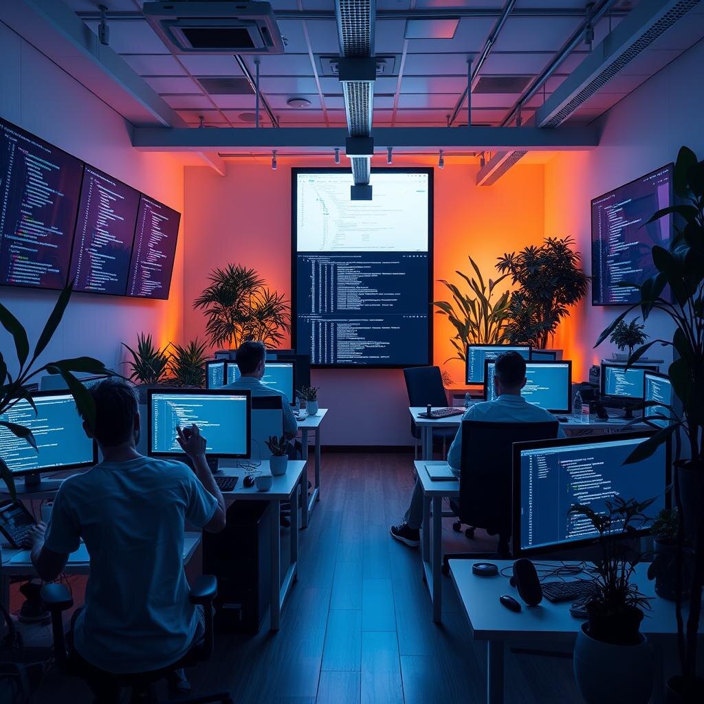 Modern software development studio workspace